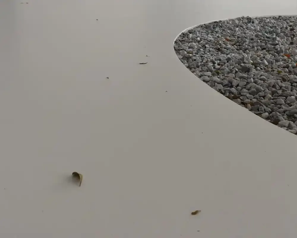 Suelo de terrazo blanco con detalles de grava en la esquina y hojas caídas en la superficie.