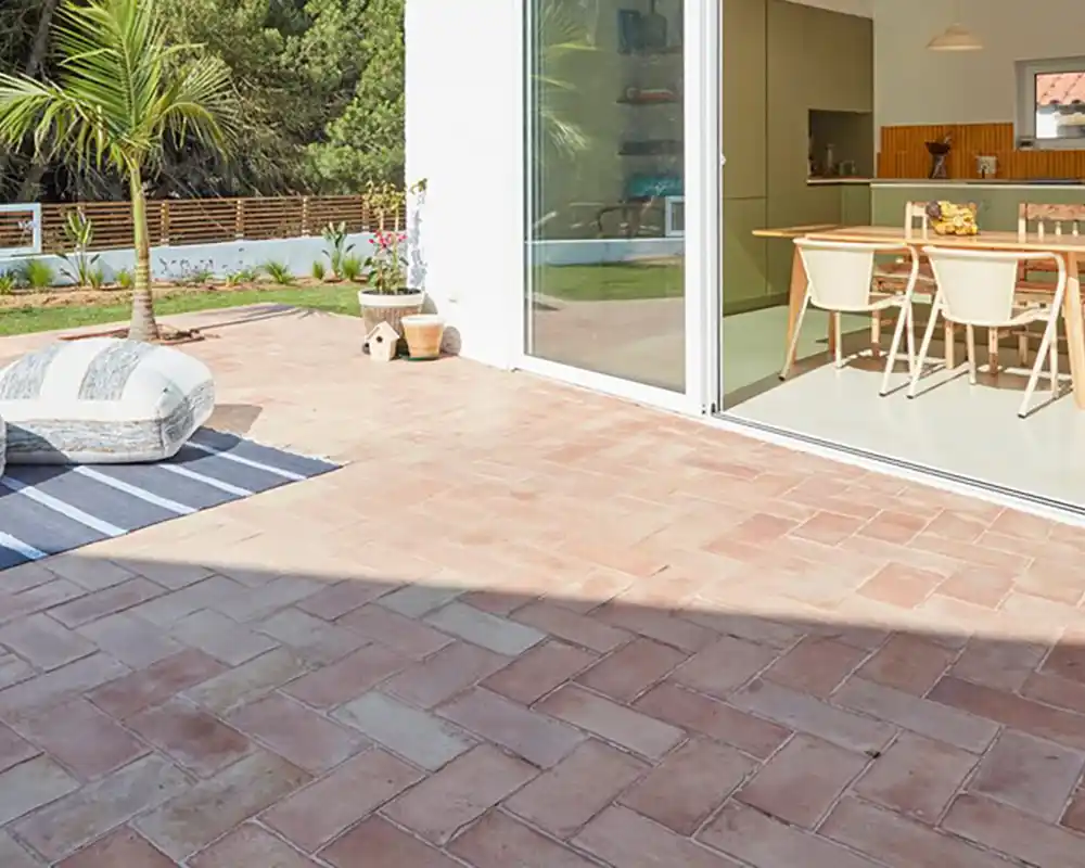 Patio exterior con decoración moderna y planta, vista a comedor interior