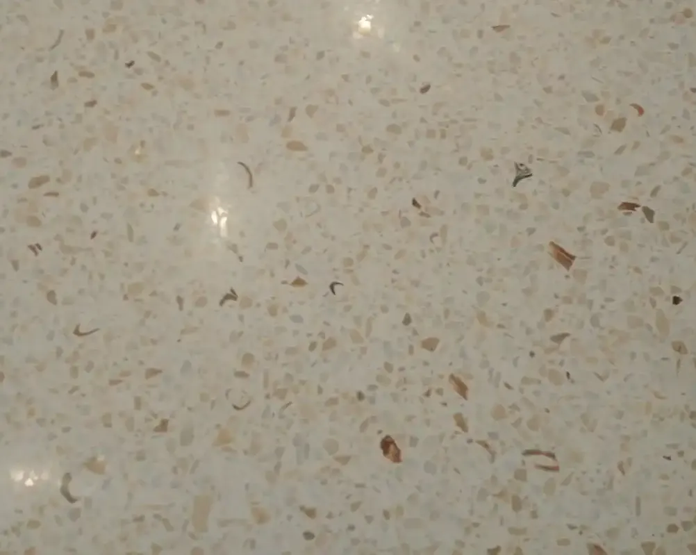 Suelo de terrazo en tonos beige con fragmentos de piedras y reflejos de luz brillando sobre su superficie.