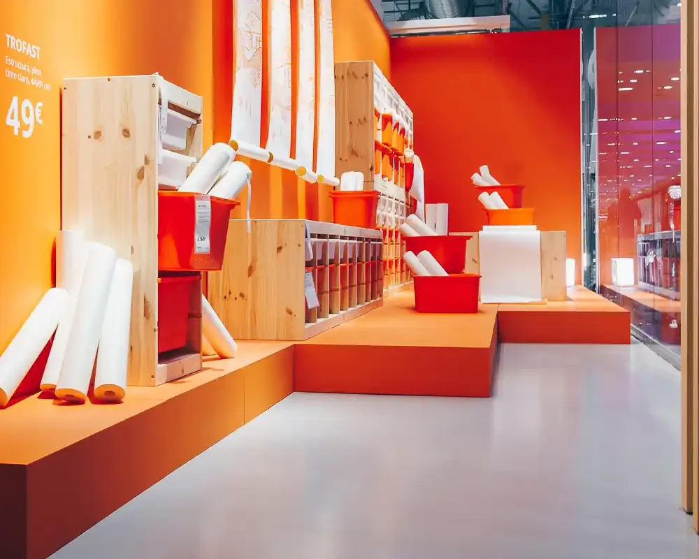 Interior de tienda IKEA con pavimento cementoso decorativo gris y pared naranja vibrante.
