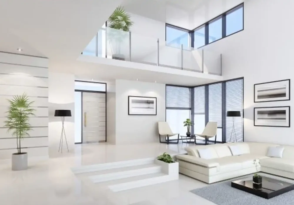 Salón luminoso con decoración blanca y muebles modernos.